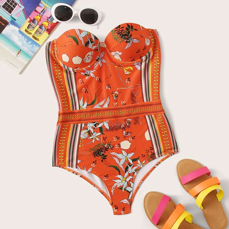 

Floral Print Underwire Bandeau One Piece Swimwear & Detachable Strap, Orange