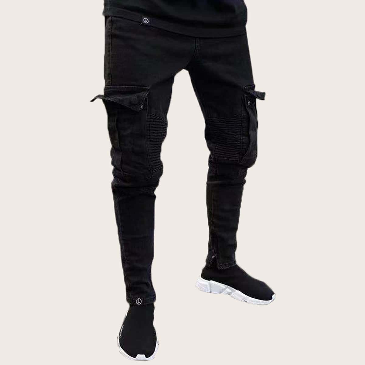 

Guys Solid Side Flap Pocket Ruched Jeans, Black