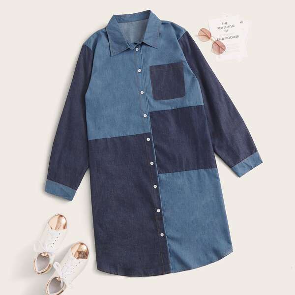

Plus Colorblock Pocket Front Denim Shirt Dress, Multicolor