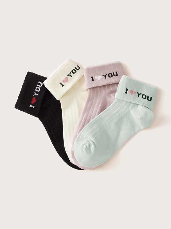 

4pairs Slogan Graphic Cuffed Socks, Multicolor