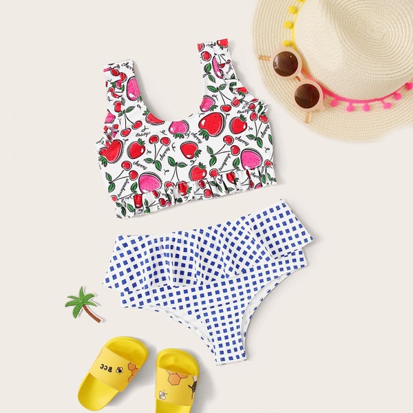 

Girls Cartoon & Plaid Print Bikini Set, Multicolor