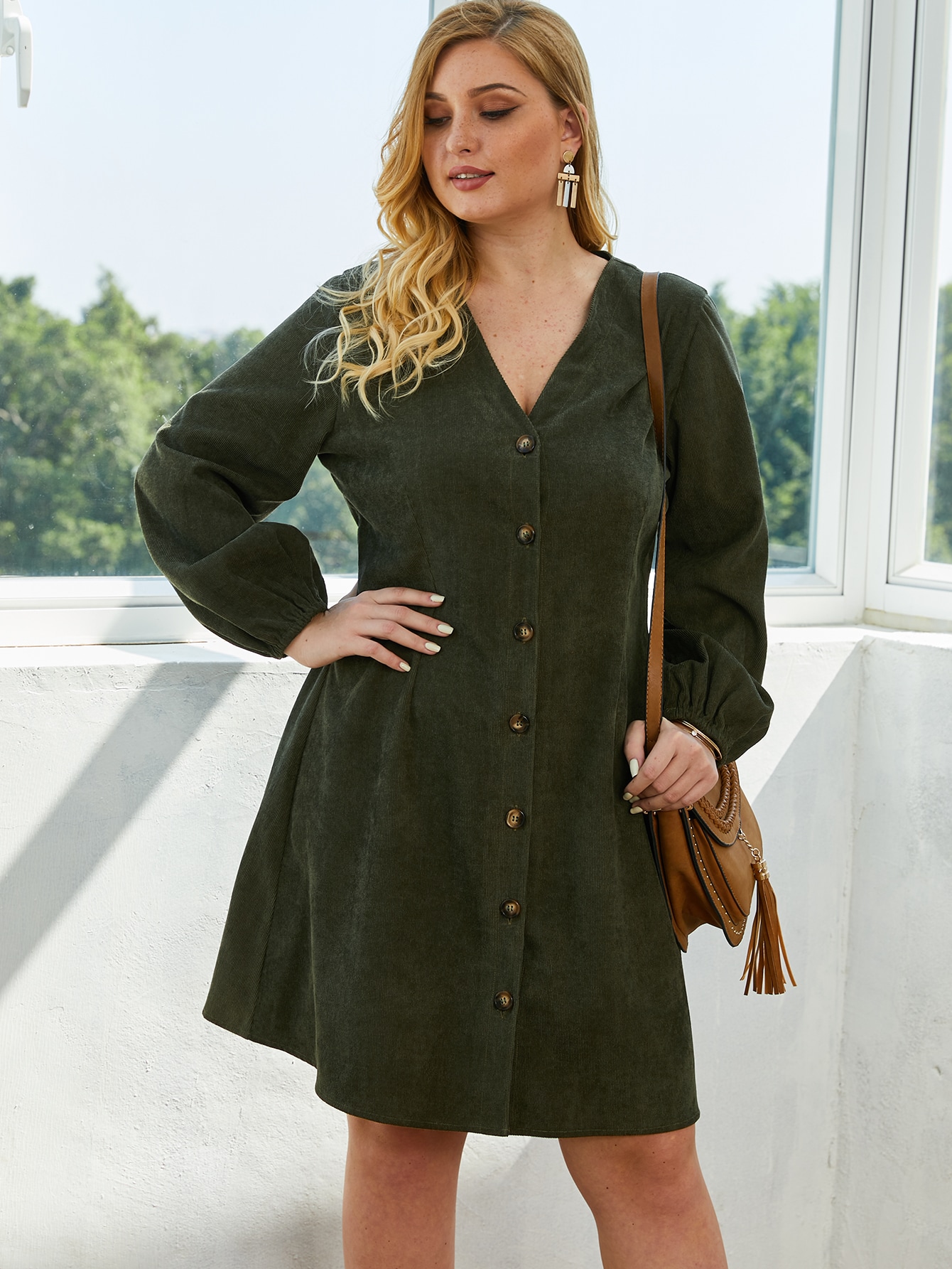 Plus Button Front Bishop Sleeve Corduroy Dress pictures