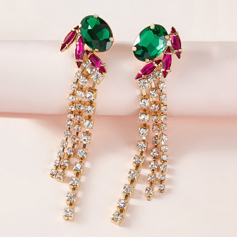 

1pair Rhinestone Engraved Tassel Drop Earrings, Multicolor