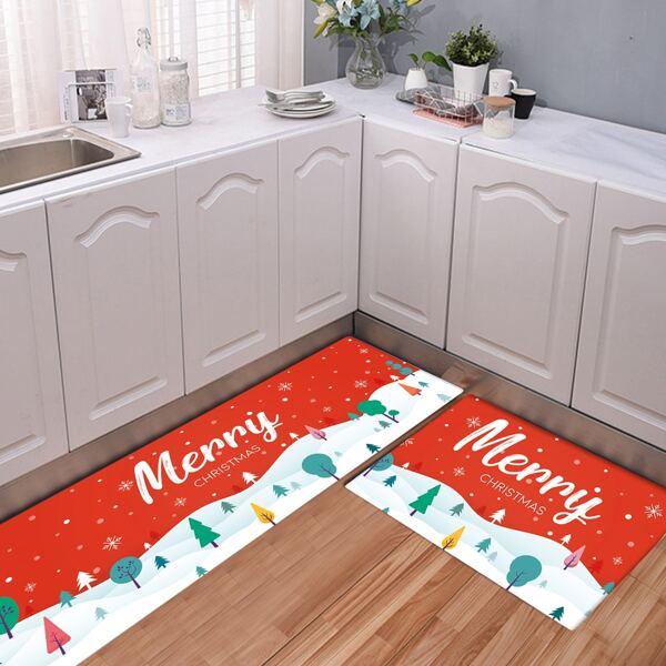 

1pc Christmas Print Kitchen Floor Mat, Red