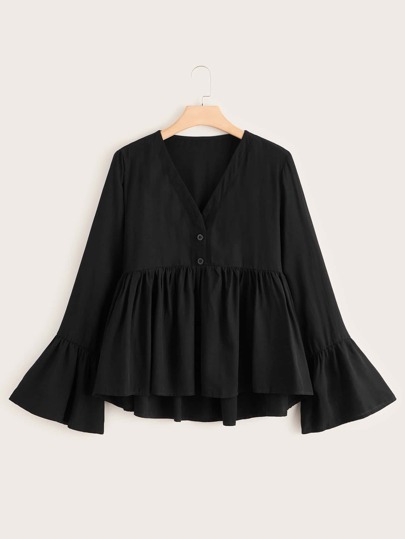 Plus Solid Button Half Babydoll Blouse