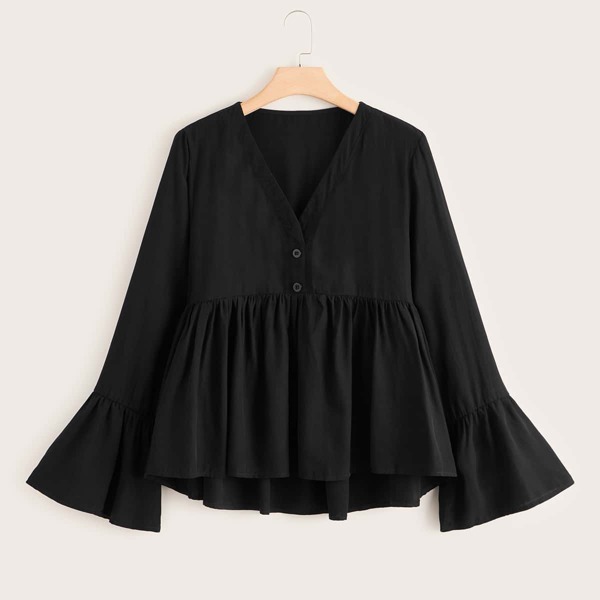 

Plus Solid Button Half Babydoll Blouse, Black