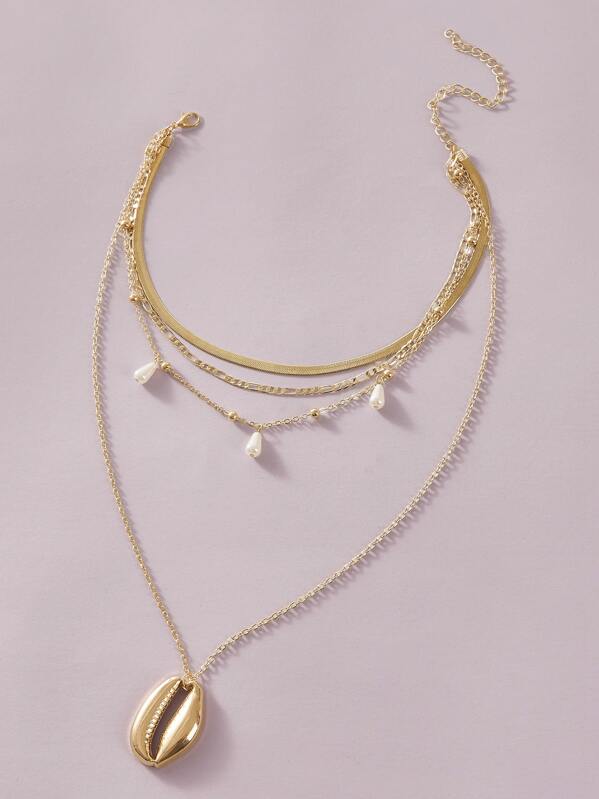 

1pc Shell Faux Pearl Charm Layered Necklace, Gold