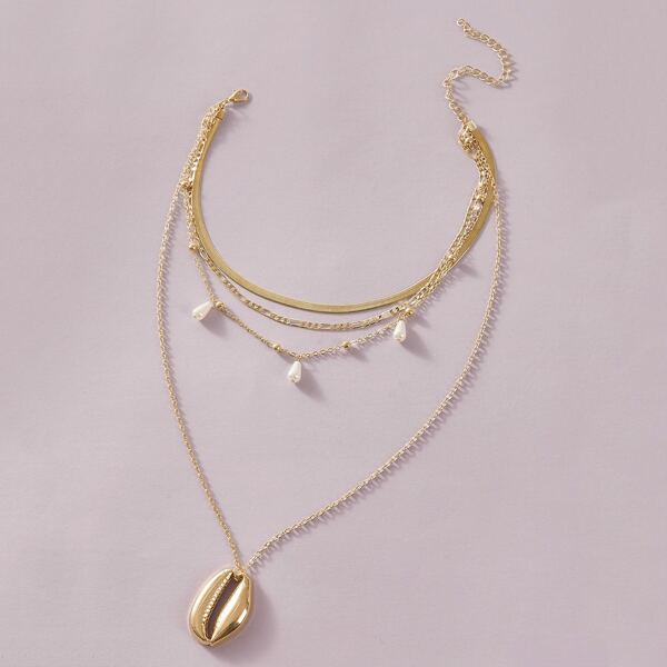 

1pc Shell Faux Pearl Charm Layered Necklace, Gold