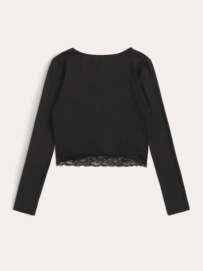 Contrast Lace Drawstring Front Crop Tee