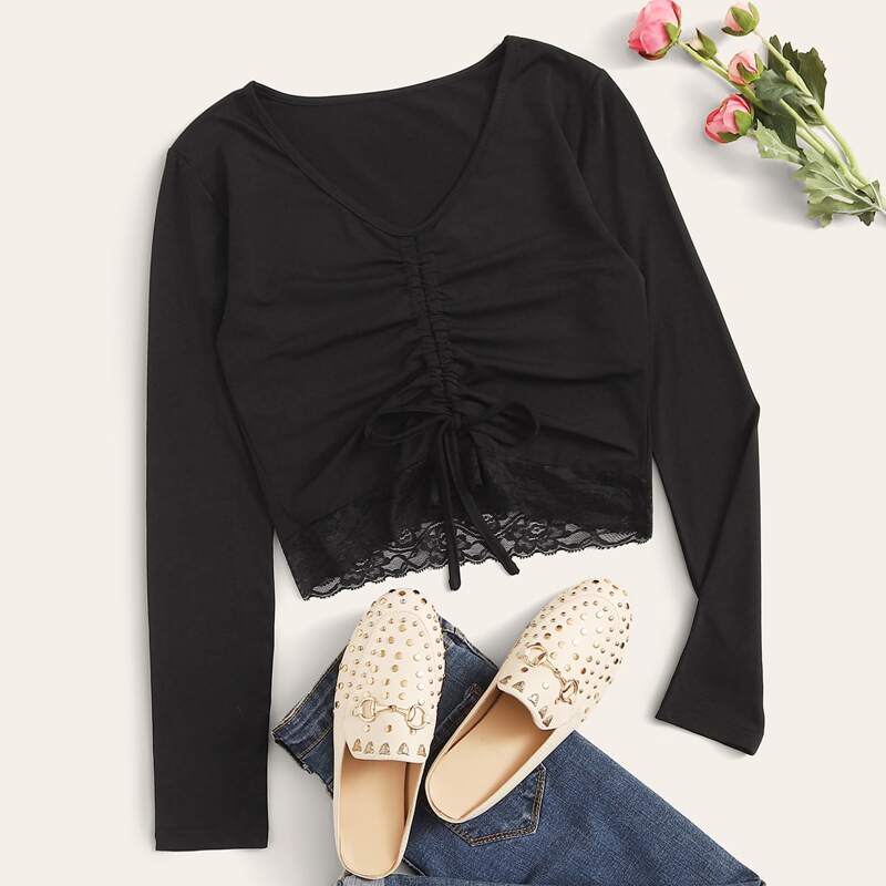 

Drawstring Lace Trim Black Top