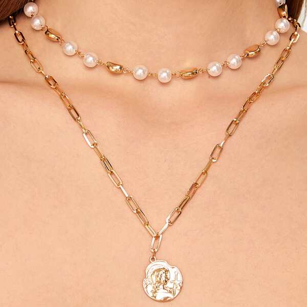 

1pc Pearl Decor Layered Chain Necklace, Gold