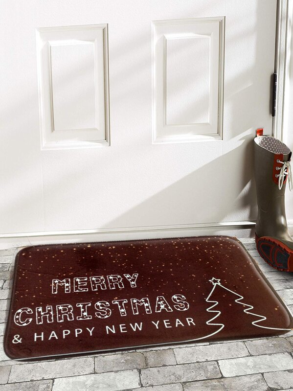 

Christmas Slogan Print Floor Mat, Brown