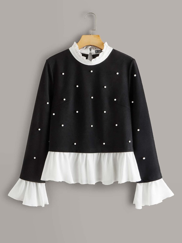 

Frill Mock Neck Contrast Trim Pearls Beaded Blouse, Black and white, Luiza