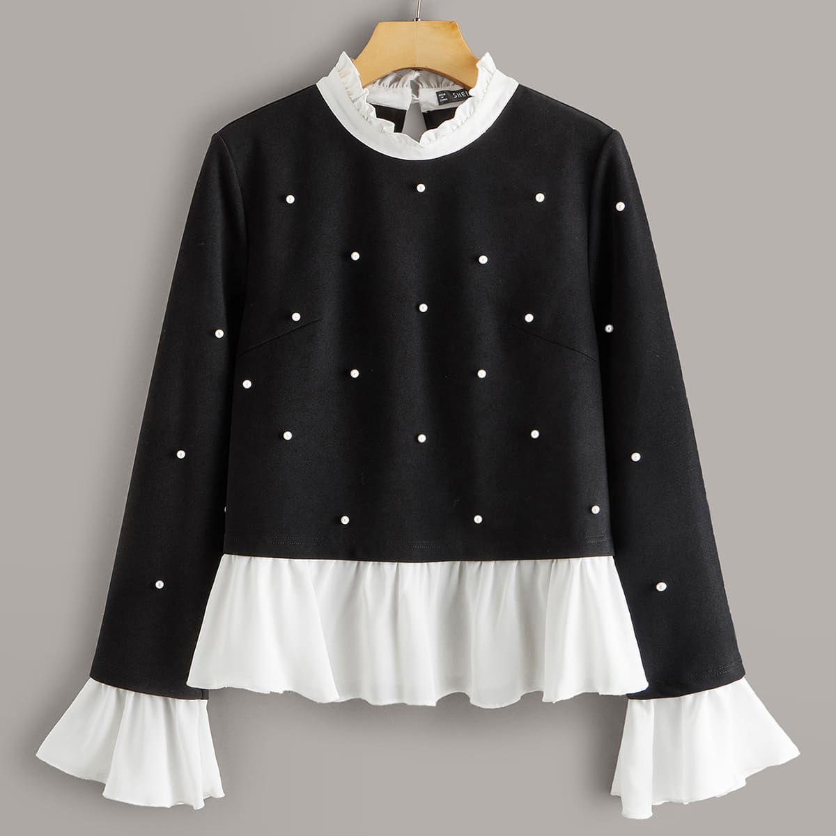 

Frill Mock Neck Contrast Trim Pearls Beaded Blouse, Black and white