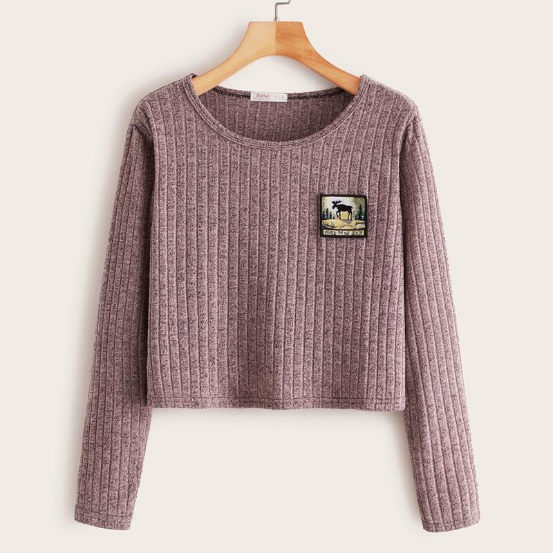 

Patched Rib-knit Long Sleeve Tee, Nude