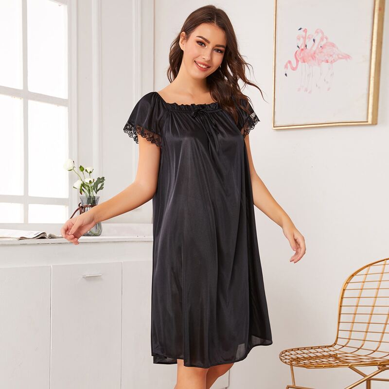 

Frill Trim Satin Night Dress, Black