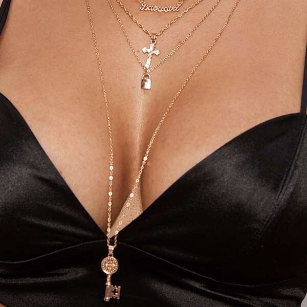 

1pc Cross & Lock Charm Layered Necklace, Gold