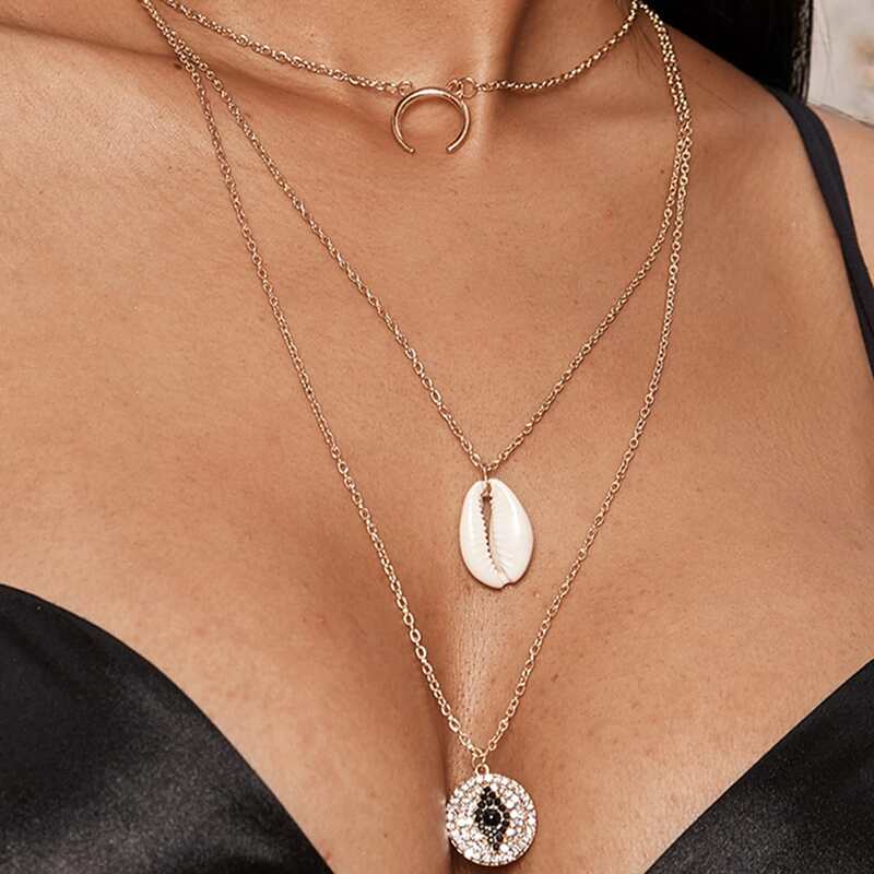 

1pc Shell & Moon Charm Layered Necklace, Gold