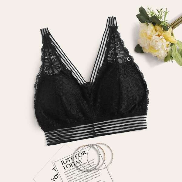 

Contrast Mesh Lace Bralette, Black