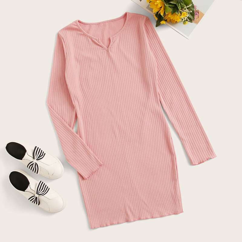 

Solid Notch Neck Ribbed Dress, Pink