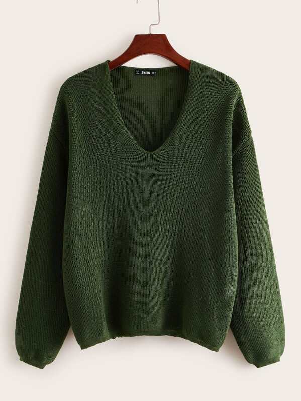

V-neck Drop Shoulder Sweater, Army green