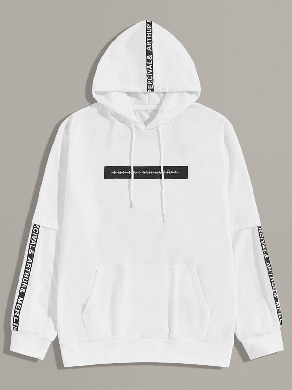 

Men Letter Tape Drawstring Hoodie, White