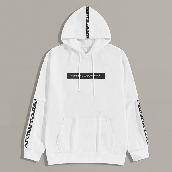 

Men Letter Tape Drawstring Hoodie, White
