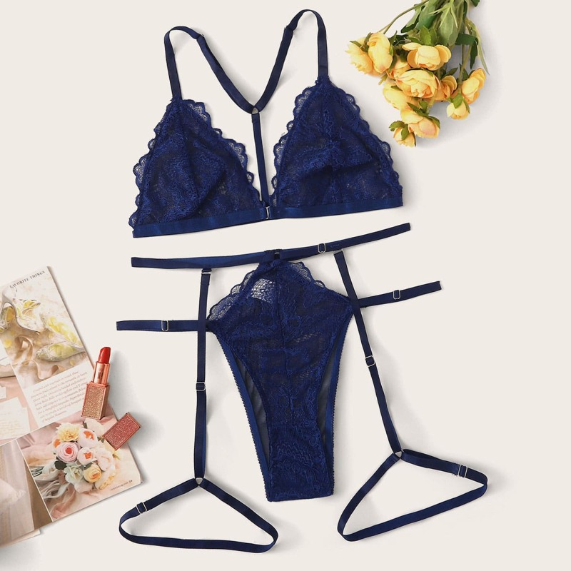 

Floral Lace Harness Lingerie Set With Garter, Blue