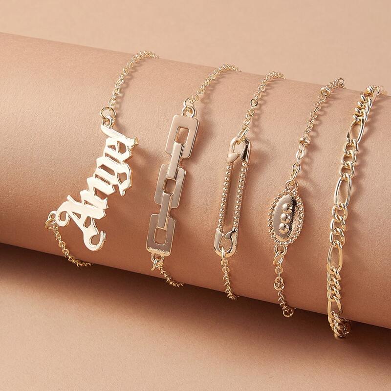 

5pcs Letter & Safety Pin Chain Bracelets, Gold