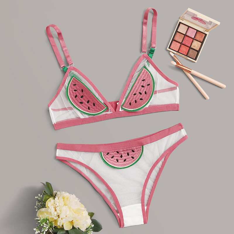 

Watermelon Pattern Sheer Mesh Lingerie Set, Multicolor