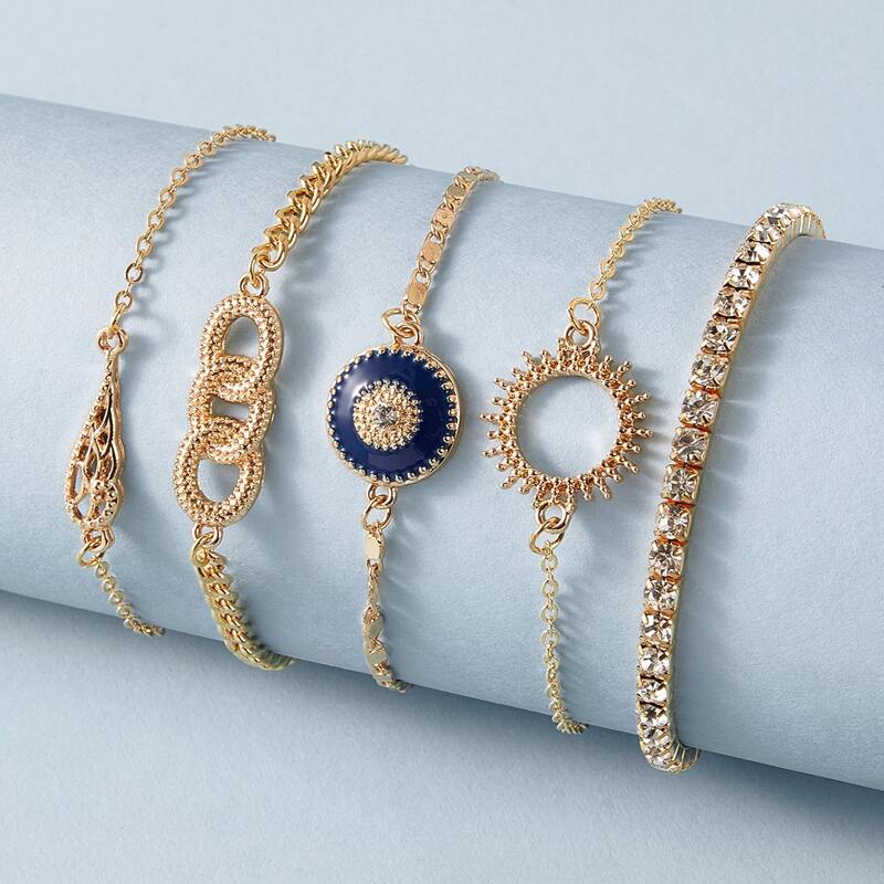 

5pcs Rhinestone & Hoop Engraved Chain Bracelets, Gold