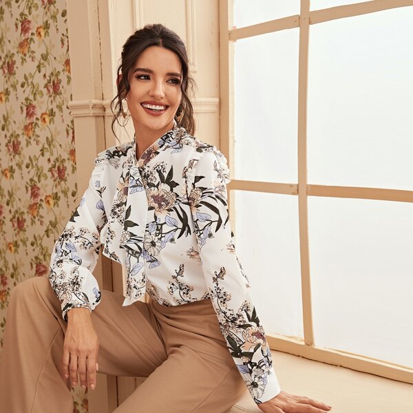 

Floral Print Tie Neck Frill Trim Blouse, Beige