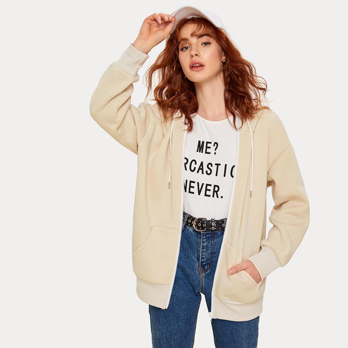 

Pocket Front Drawstring Zip-up Hoodie, Beige