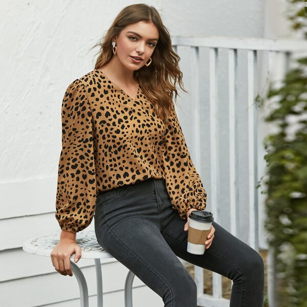 

V-neck Lantern Sleeve Allover Print Blouse, Khaki