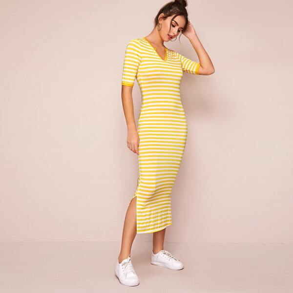 

Notch Collar Split Hem Striped Dress, Yellow