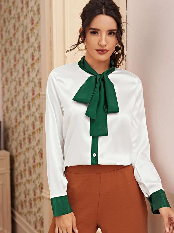 

Tie Neck Button Through Satin Blouse, White, Juliana