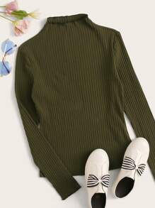 SHEIN EZwear Mock-Neck Lettuce Trim Rib-knit Top - Army Green - View 1