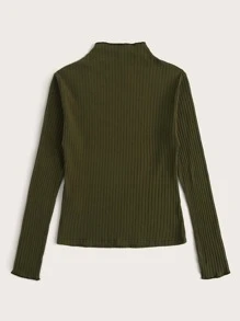SHEIN EZwear Mock-Neck Lettuce Trim Rib-knit Top - Army Green - View 2