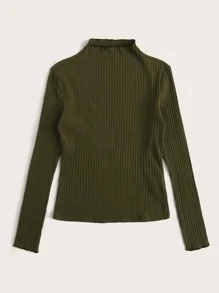 SHEIN EZwear Mock-Neck Lettuce Trim Rib-knit Top - Army Green - View 3