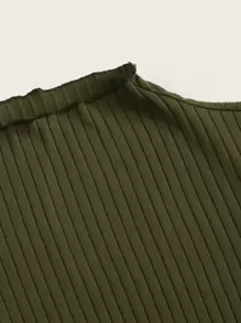 SHEIN EZwear Mock-Neck Lettuce Trim Rib-knit Top - Army Green - View 4