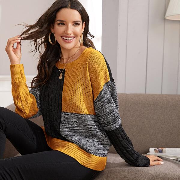 

Drop Shoulder Colorblock Mixed Knit Sweater, Multicolor