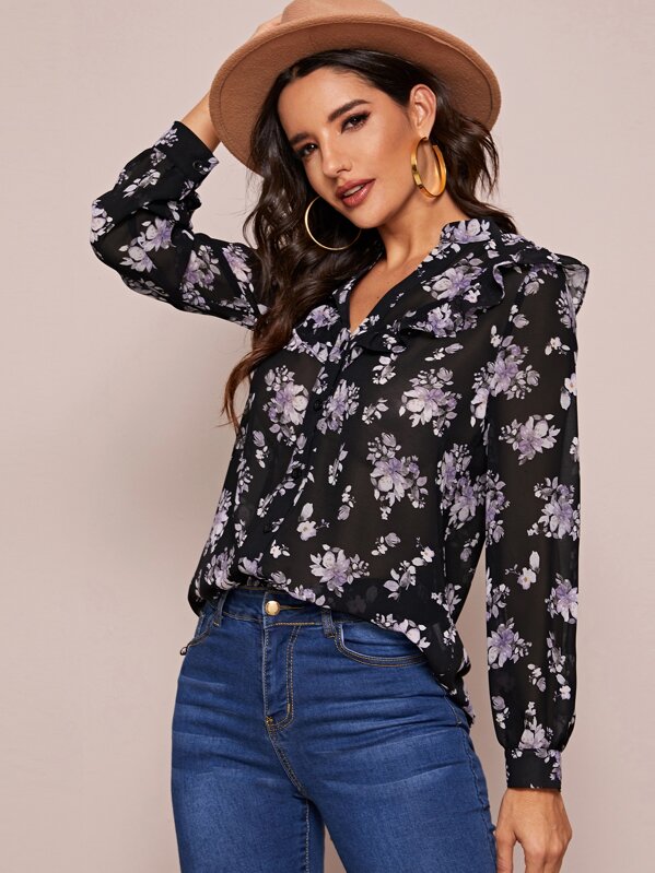 

Ruffle Trim Floral Print Sheer Blouse, Black, Juliana
