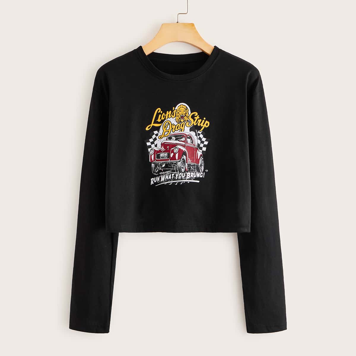 

Letter & Graphic Print Crop Tee, Black