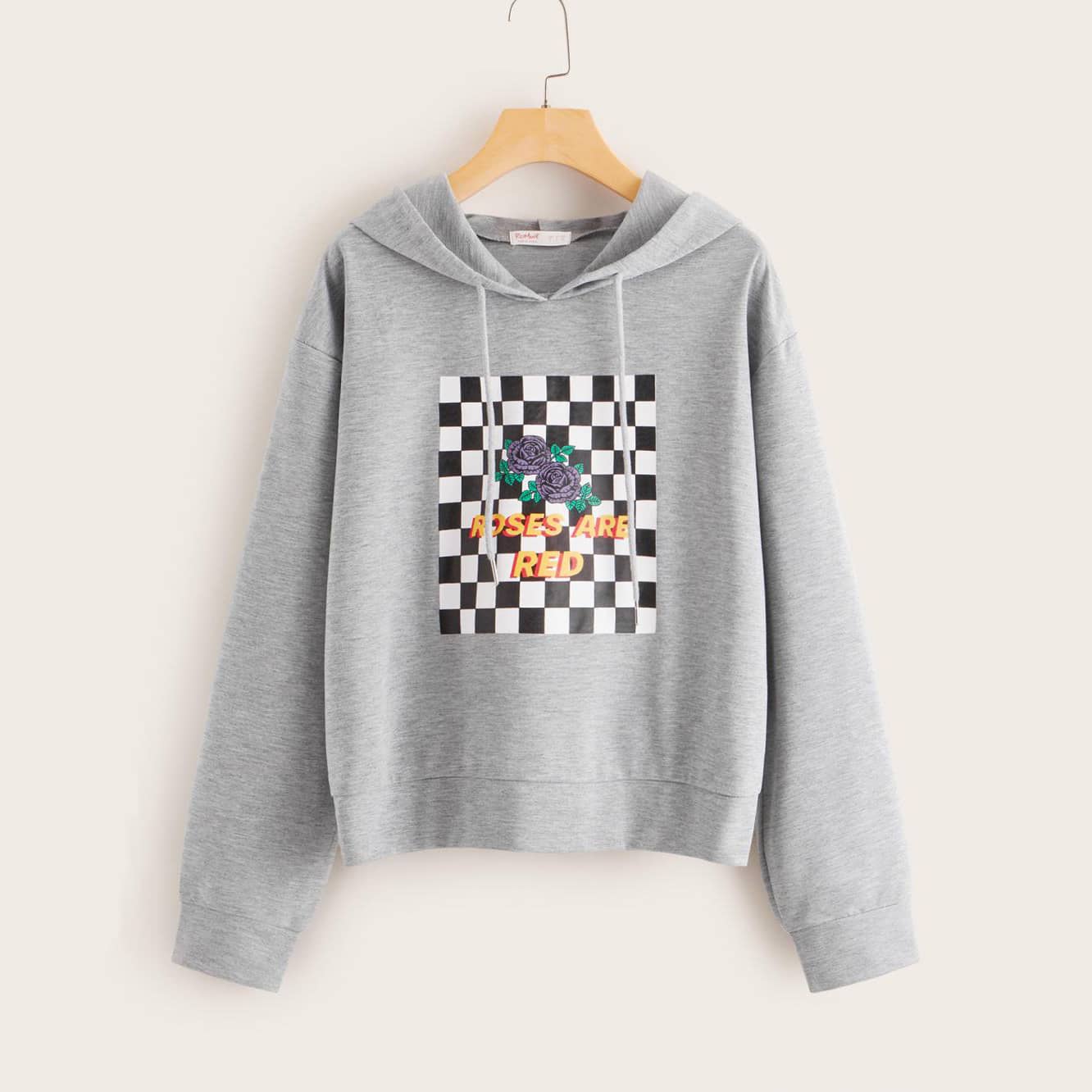 

Floral & Checkered Print Drawstring Hoodie, Grey