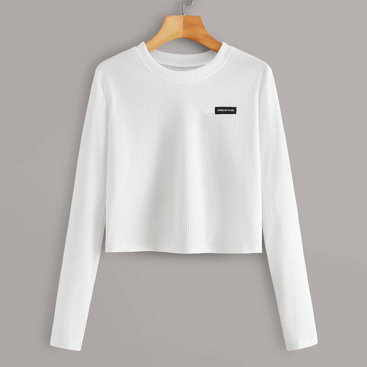 

Letter Patched Crop Ribbed Tee, White