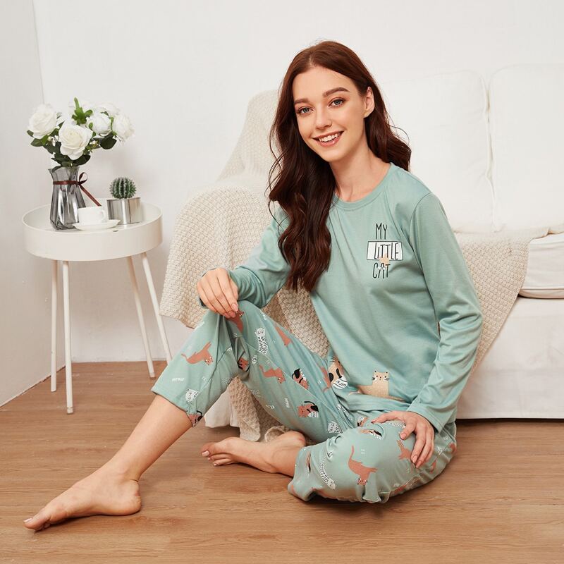 

Cat Print Pajama Set, Green