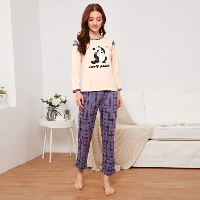

Cartoon Panda Print Plaid PJ Set, Multicolor