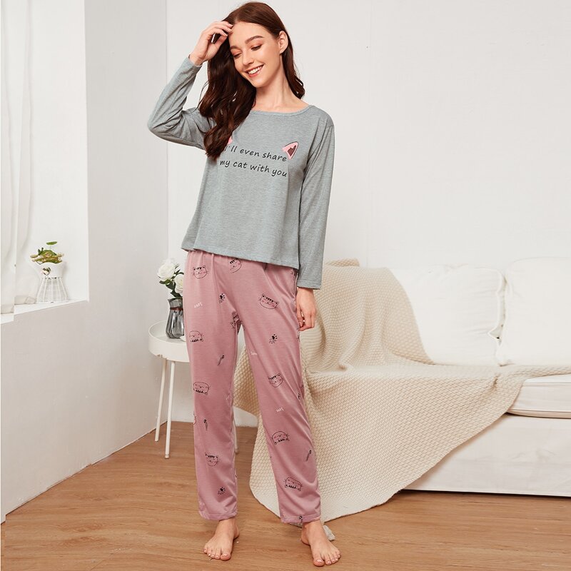 

Letter & Cartoon Cat Print PJ Set, Multicolor