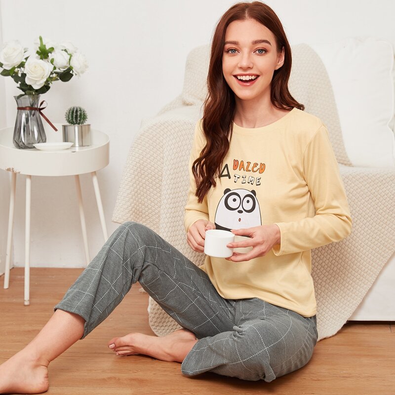 

Panda & Letter Print Plaid PJ Set, Multicolor