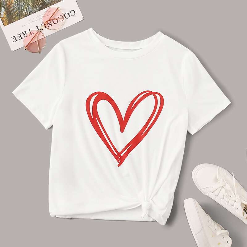 

Heart Print Round Neck Tee, White
